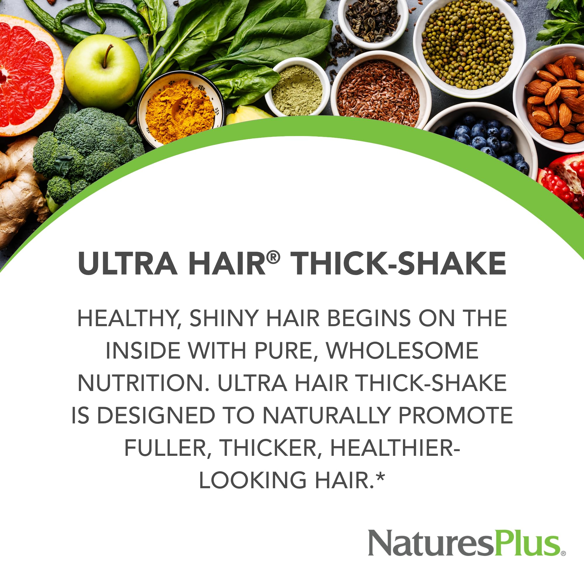 Close-up of Ultra Hair Thick Shake packaging showing vitamins and serving size