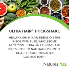 Close-up of Ultra Hair Thick Shake packaging showing vitamins and serving size