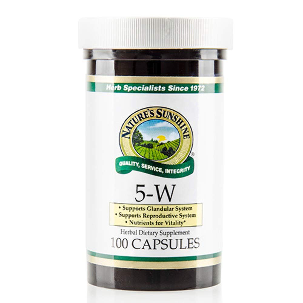 Nature's Sunshine 5-W herbal supplement bottle, 100 capsules
