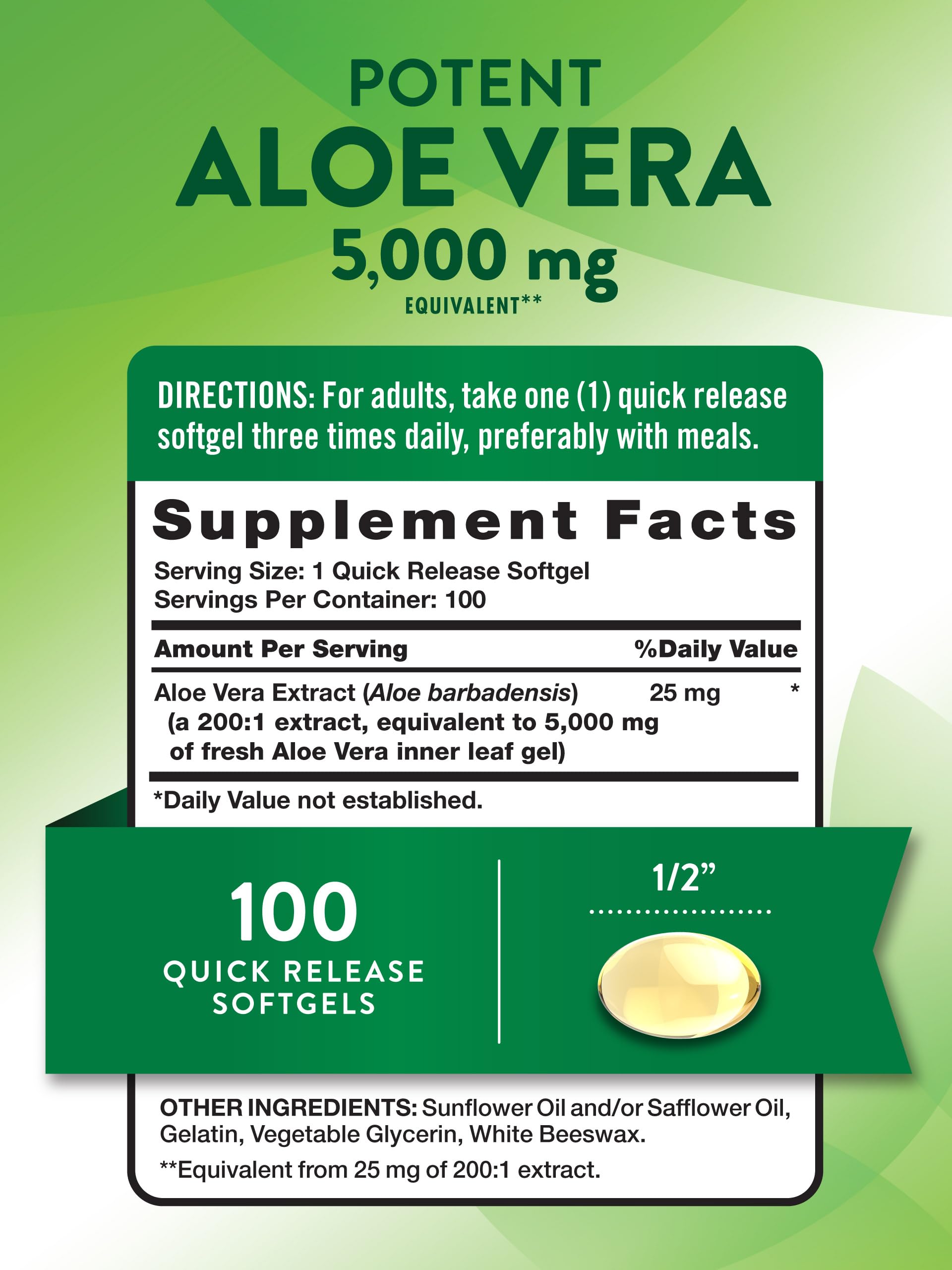 Bottle of Nature's Truth Aloe Vera Softgels with label visible
