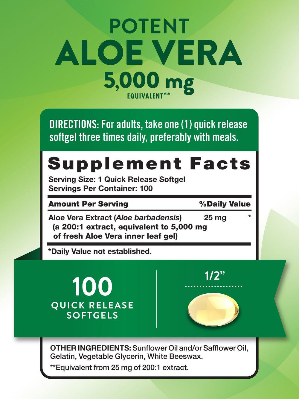 Bottle of Nature's Truth Aloe Vera Softgels with label visible