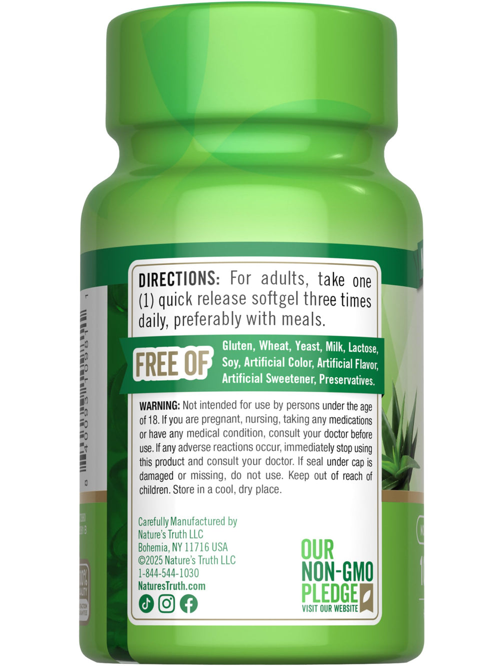 Non-GMO and gluten free seals on Nature's Truth Aloe Vera Softgels packaging