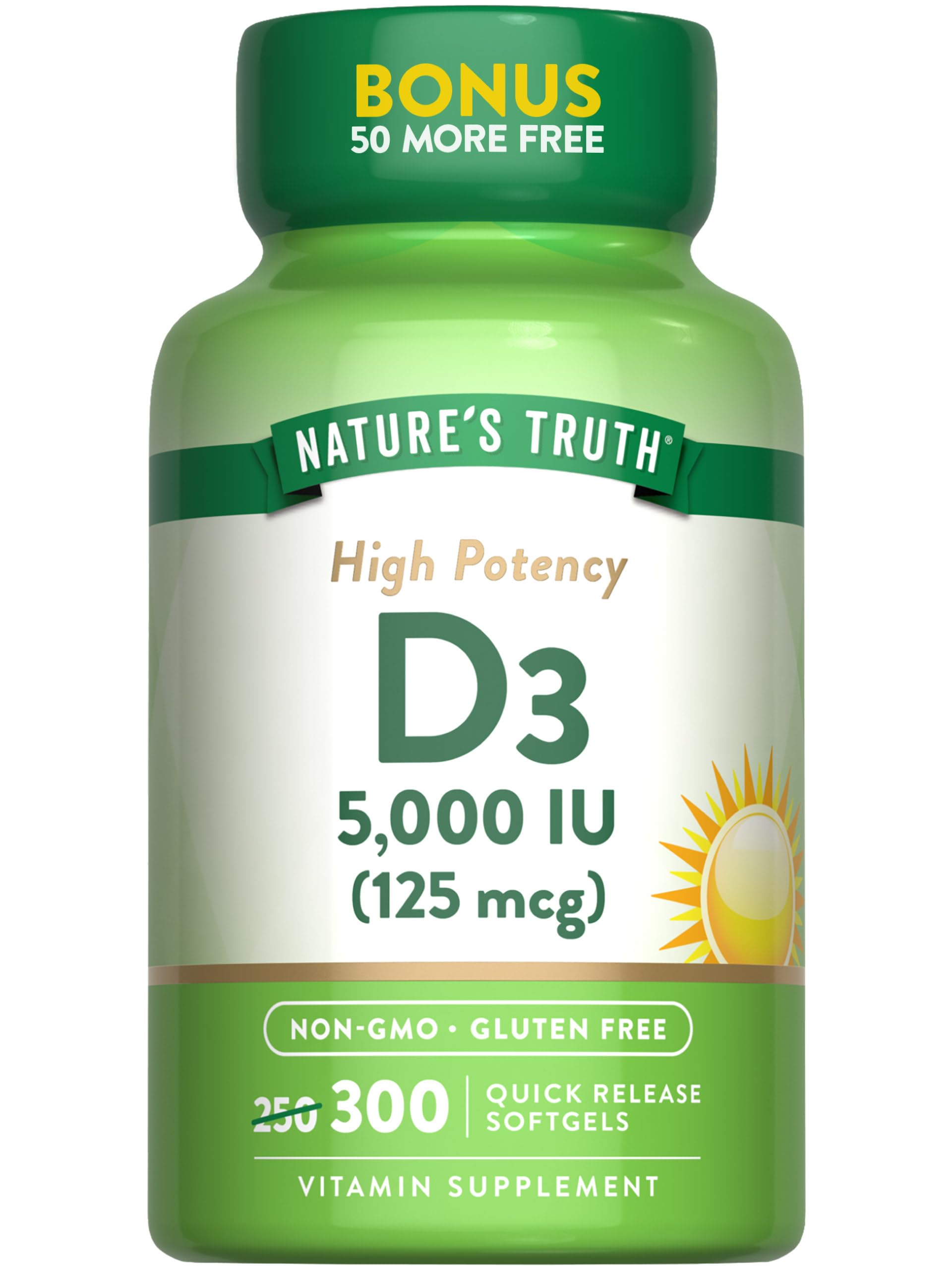 Bottle of Nature's Truth Vitamin D3 5000 IU with 300 softgels