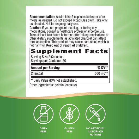 Close-up of Nature's Way Activated Charcoal 560 mg capsules