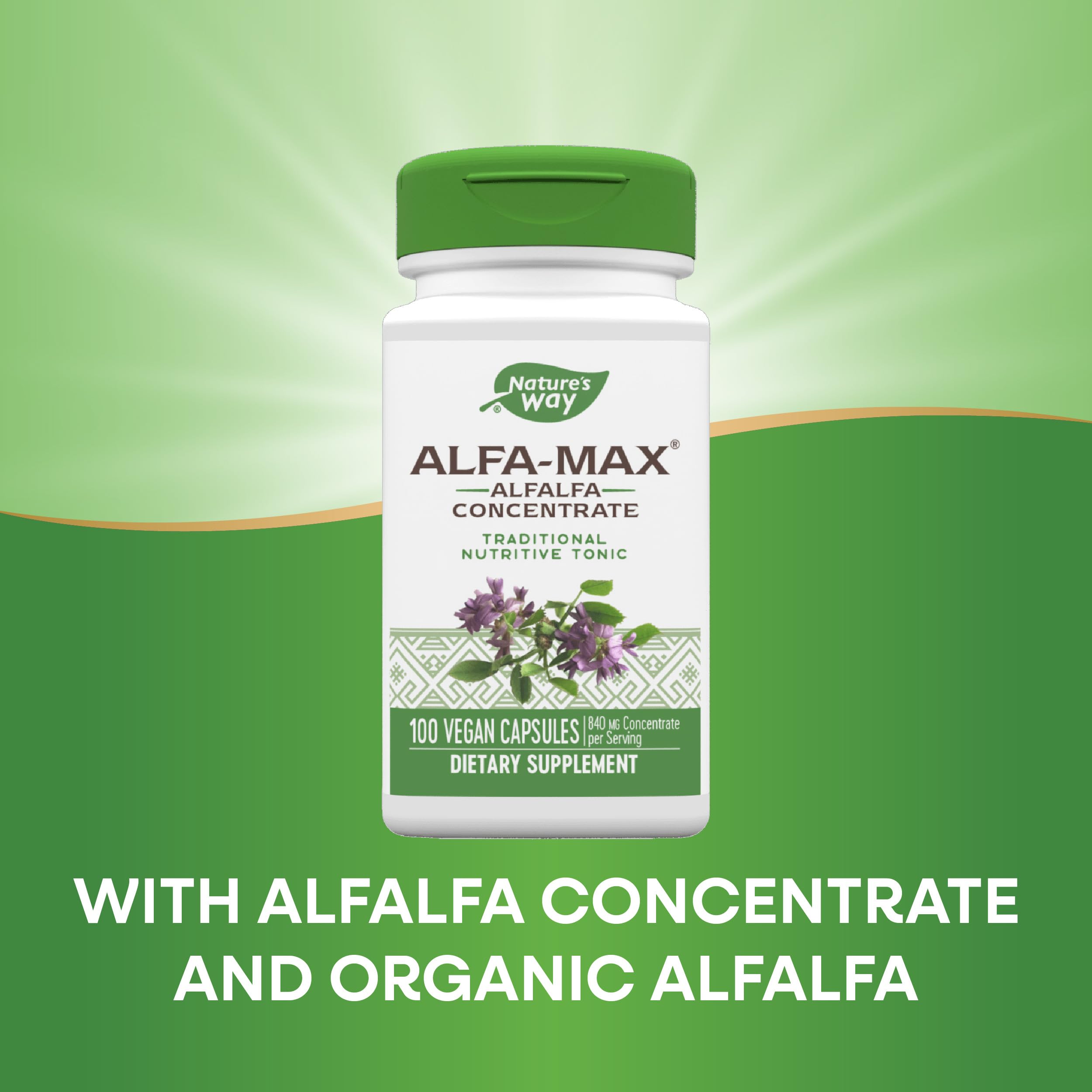 Alfalfa-Max packaging highlighting 100 capsules