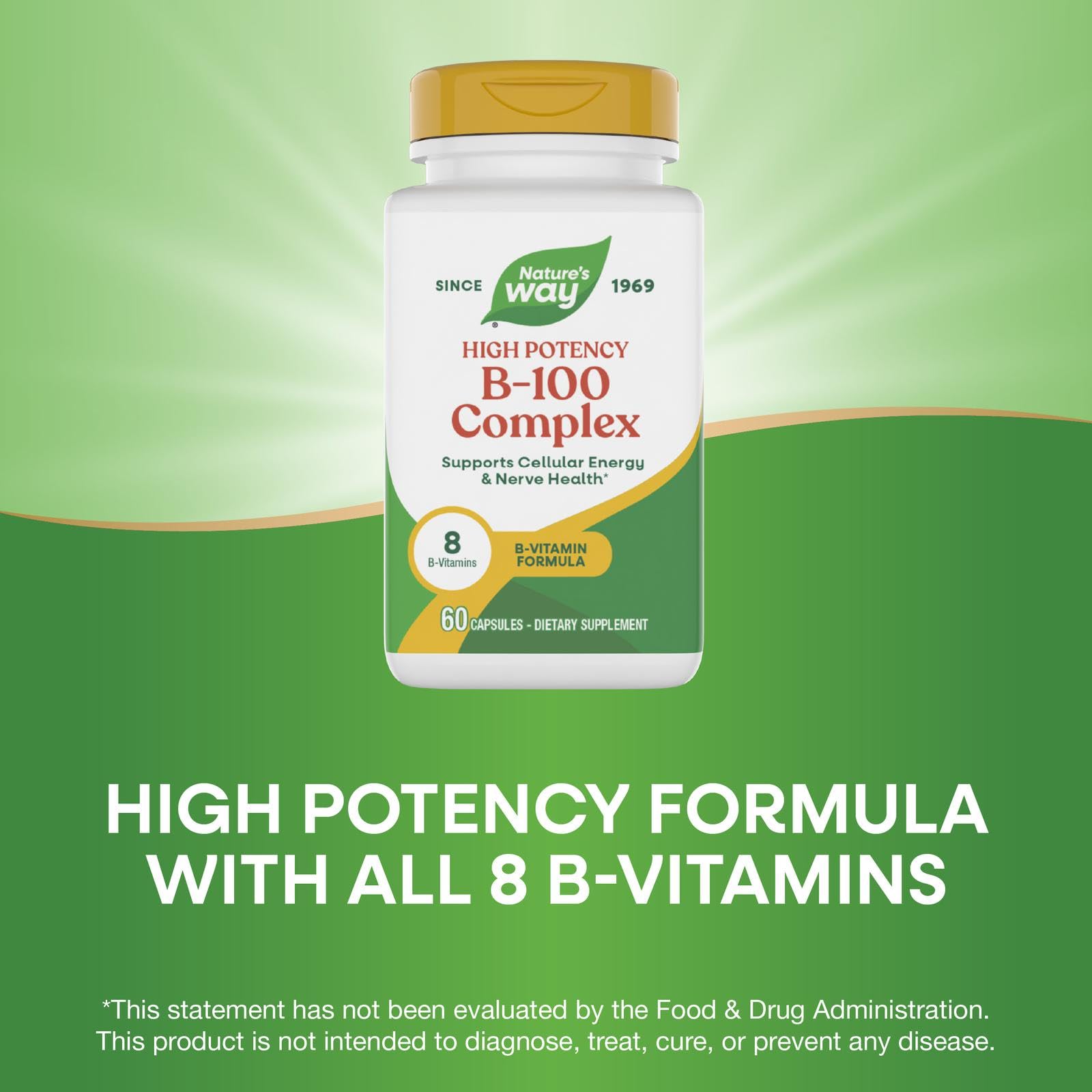 Lifestyle shot of Nature's Way B-100 Complex bottle on kitchen counter