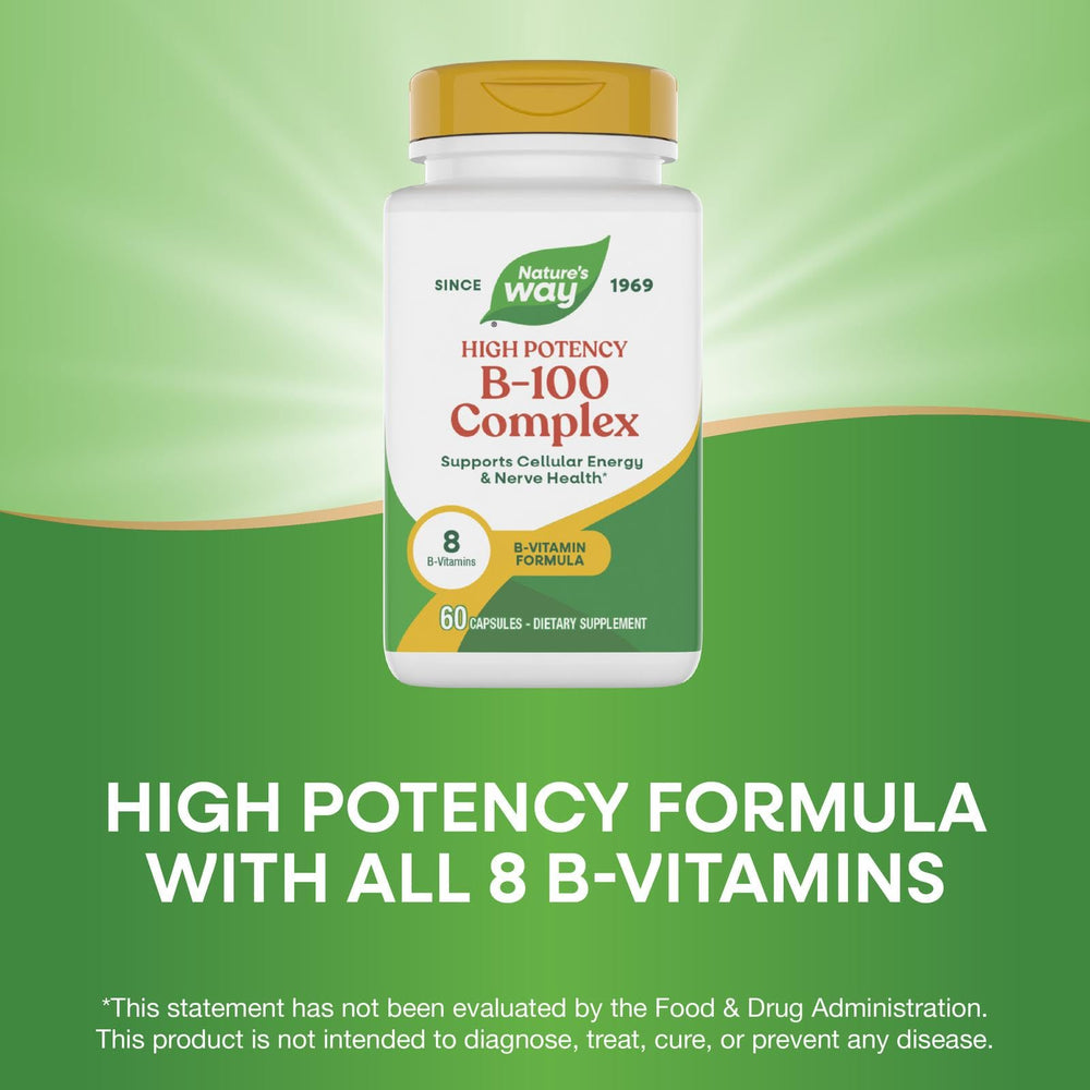 Lifestyle shot of Nature's Way B-100 Complex bottle on kitchen counter