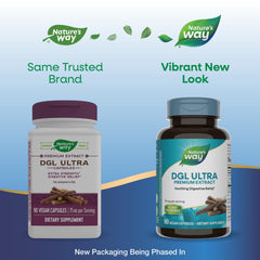 Vegan and gluten-free icons on Nature's Way DGL Ultra packaging