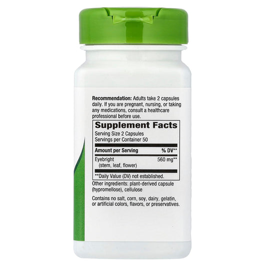 Close-up of Nature's Way Eyebright Herb bottle showing 860 mg per serving and 100 vegan capsules