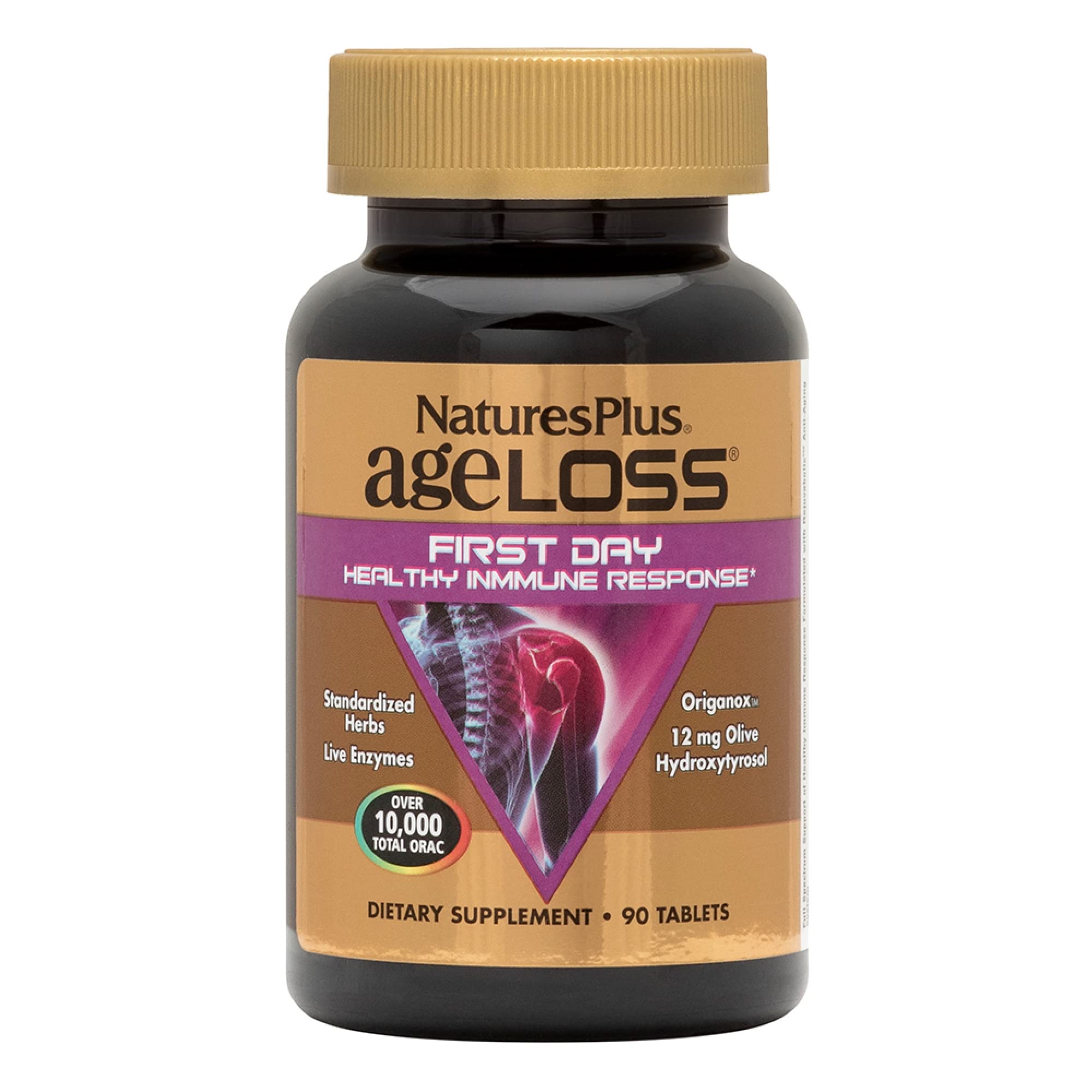 Front view of NaturesPlus AgeLoss FIRST DAY Immune Response 90 tablets bottle