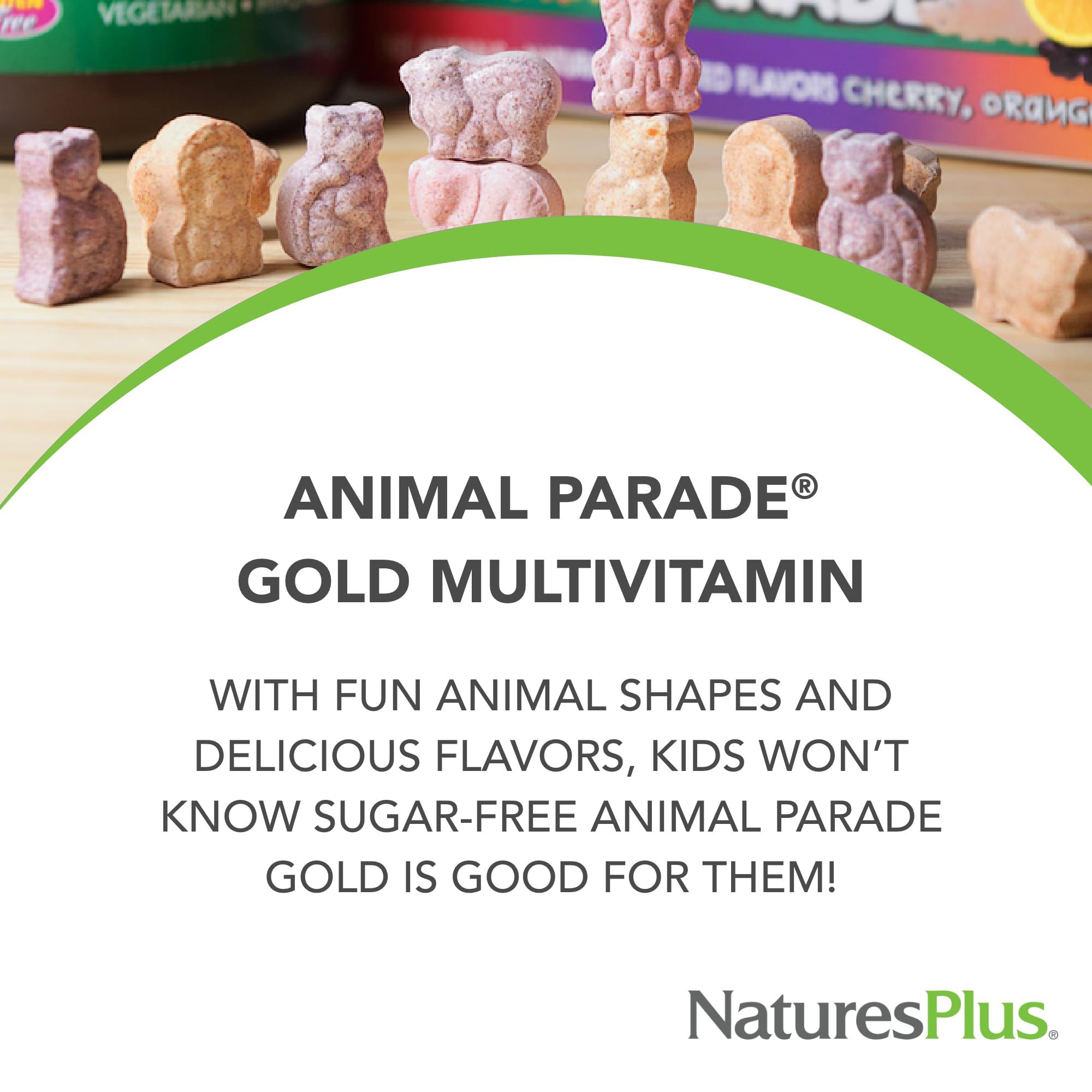 Animal-shaped chewables in cherry, orange, and grape flavors