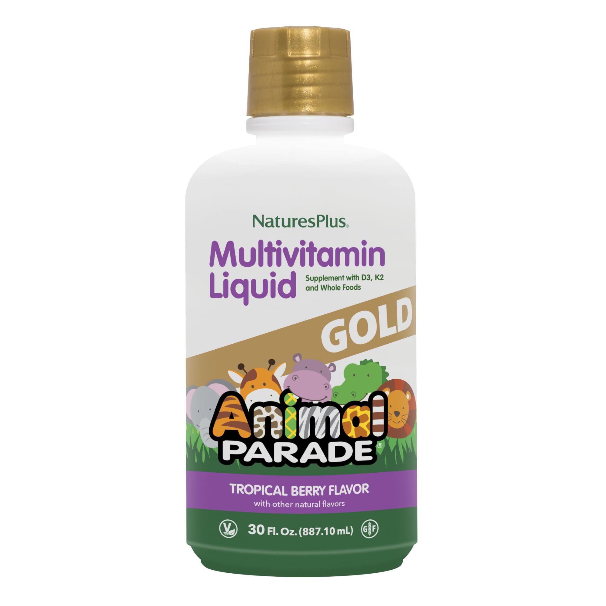 NaturesPlus Animal Parade Gold bottle shows tropical berry flavor for kids.
