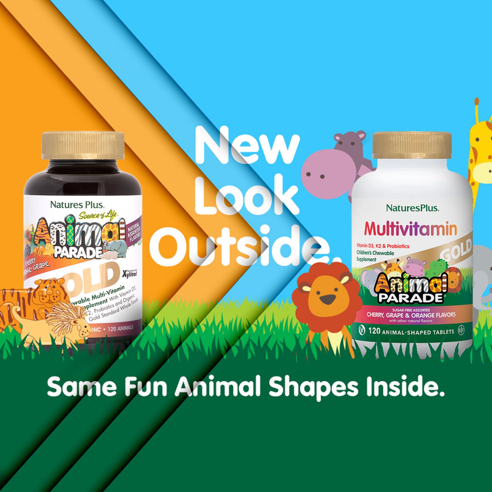 Animal-shaped chewables in cherry, orange, and grape flavors