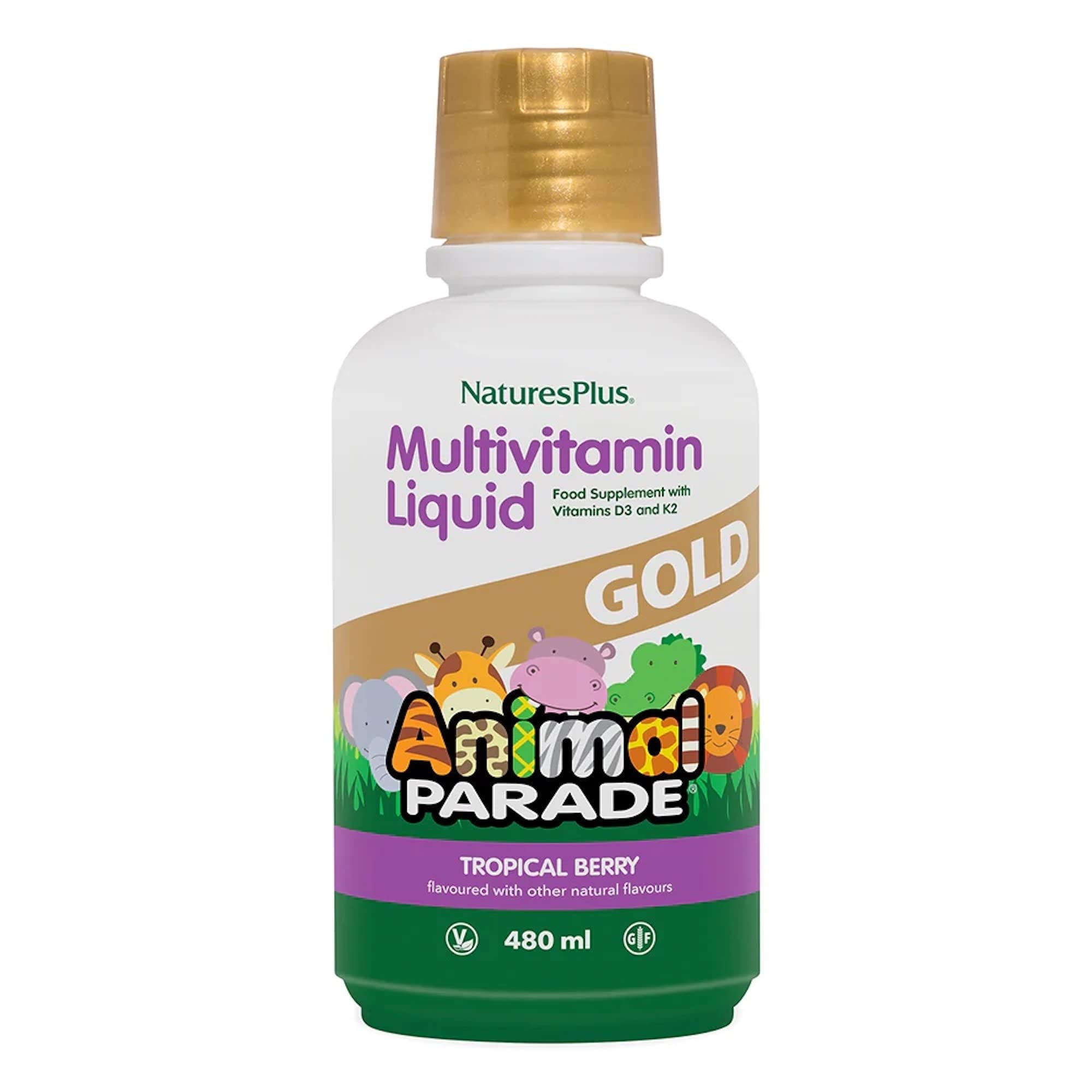 NaturesPlus Animal Parade Gold kids liquid multivitamin bottle 16 oz tropical berry flavor