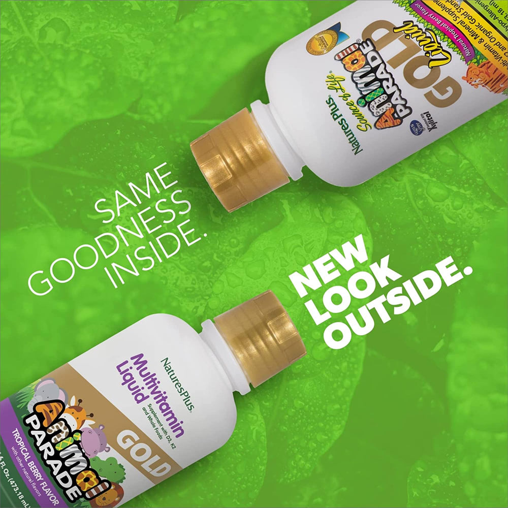 NaturesPlus Animal Parade Gold label close-up highlights kid-friendly nutrition and essential vitamins.