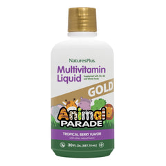 Front view of Nature's Plus Animal Parade Gold Liquid Multivitamin bottle, 30 oz