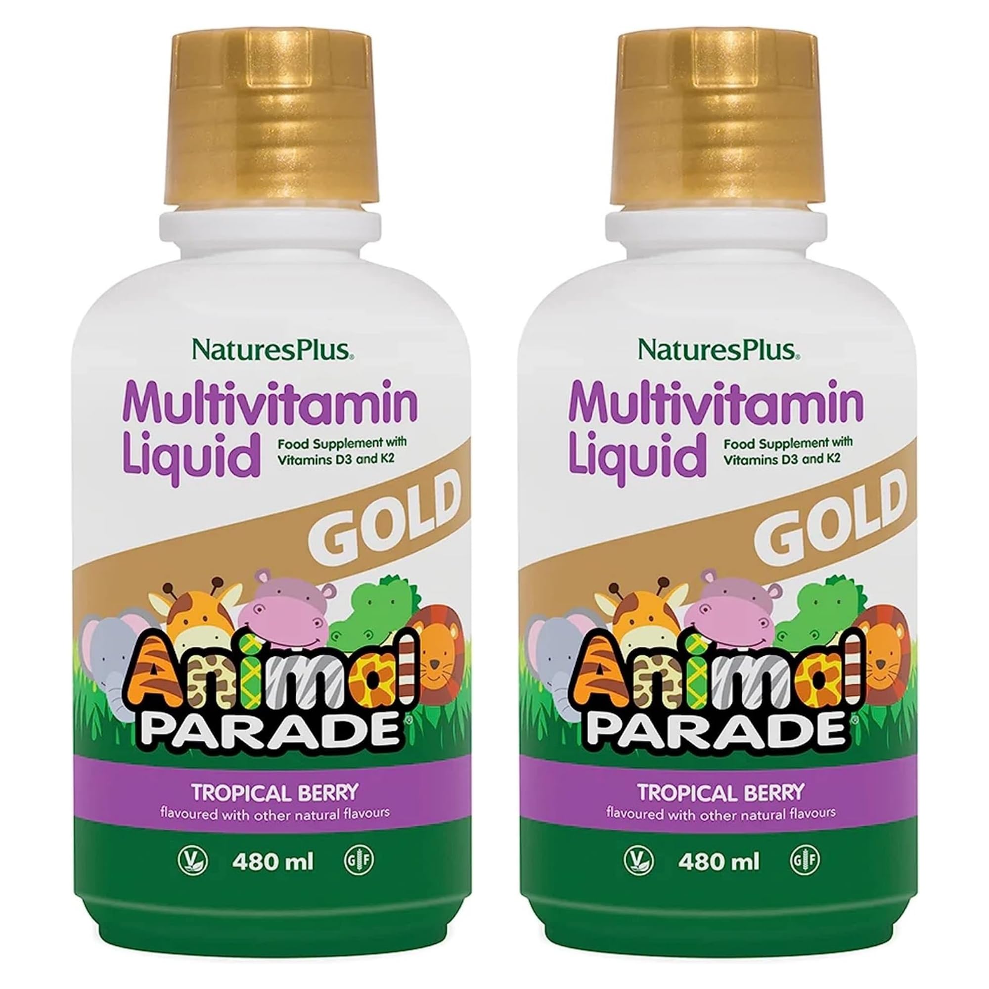 NaturesPlus Animal Parade Gold bottle with tropical berry flavor for kids' daily vitamins.
