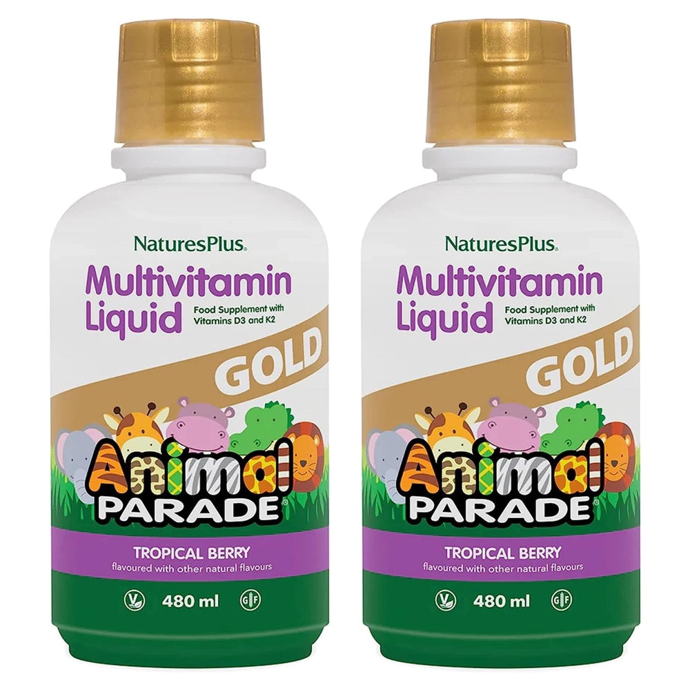 NaturesPlus Animal Parade Gold bottle with tropical berry flavor for kids' daily vitamins.