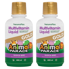 NaturesPlus Animal Parade Gold bottle with tropical berry flavor for kids' daily vitamins.