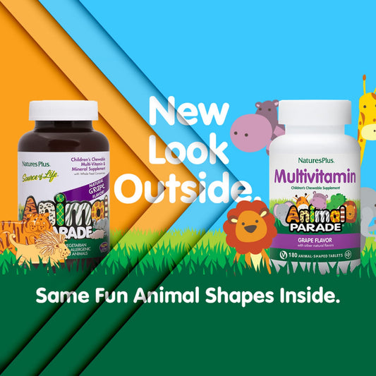 Bottle of Nature's Plus Animal Parade Grape chewable multivitamins for kids