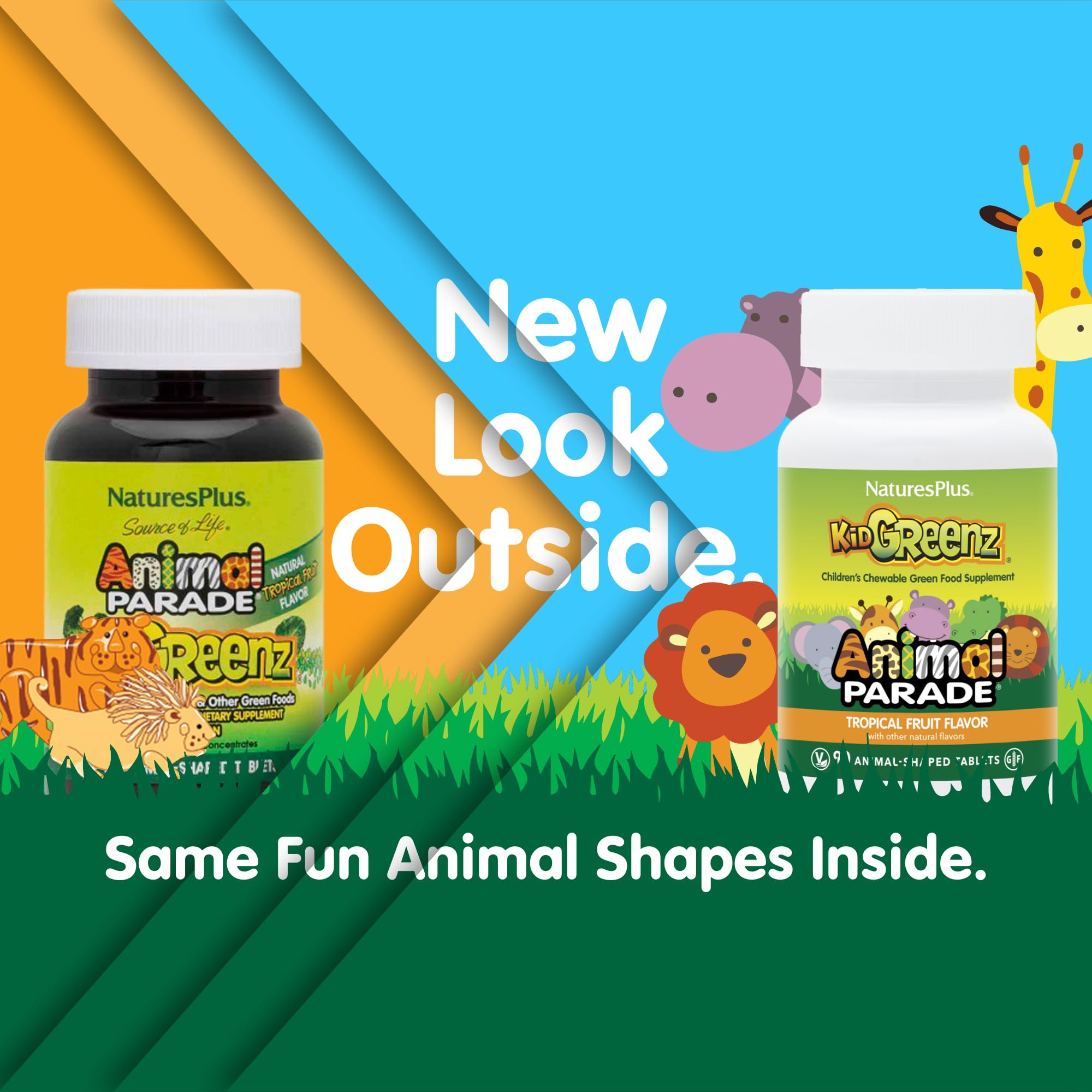 NaturesPlus Animal Parade KidGreenz Tropical Fruit flavor bottle back