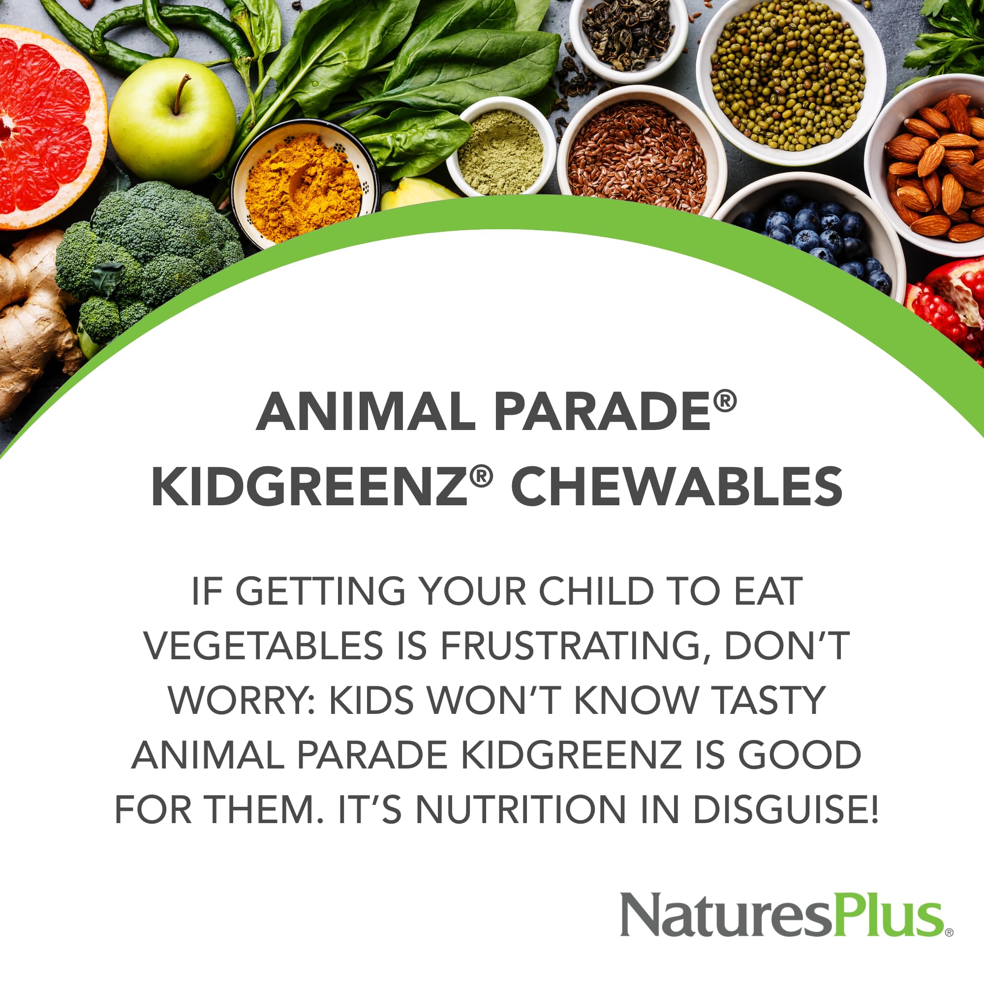 Ingredient and nutritional information visual for KidGreenz