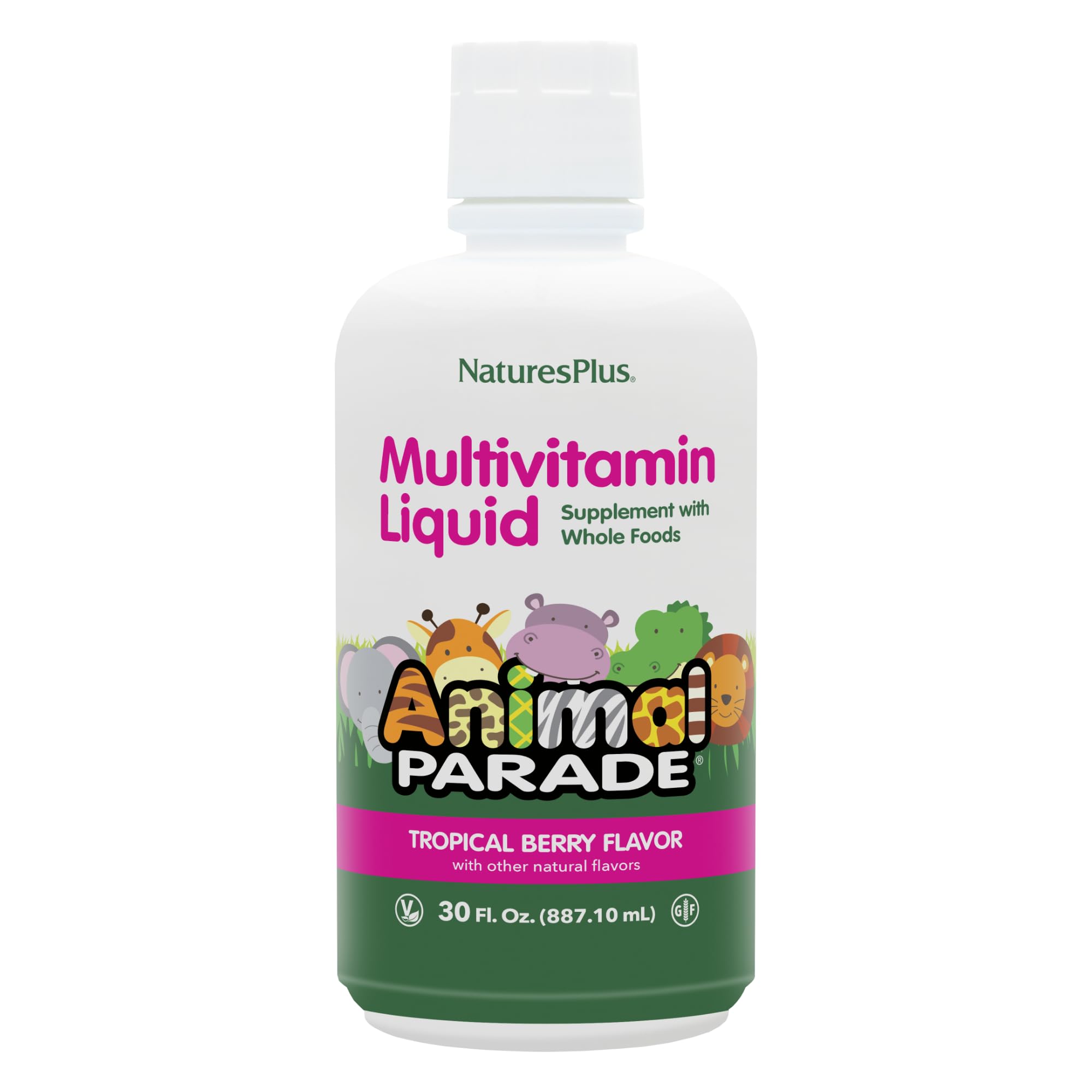 Front view of NaturesPlus Animal Parade Kids Liquid Multivitamin Tropical Berry bottle 30 oz