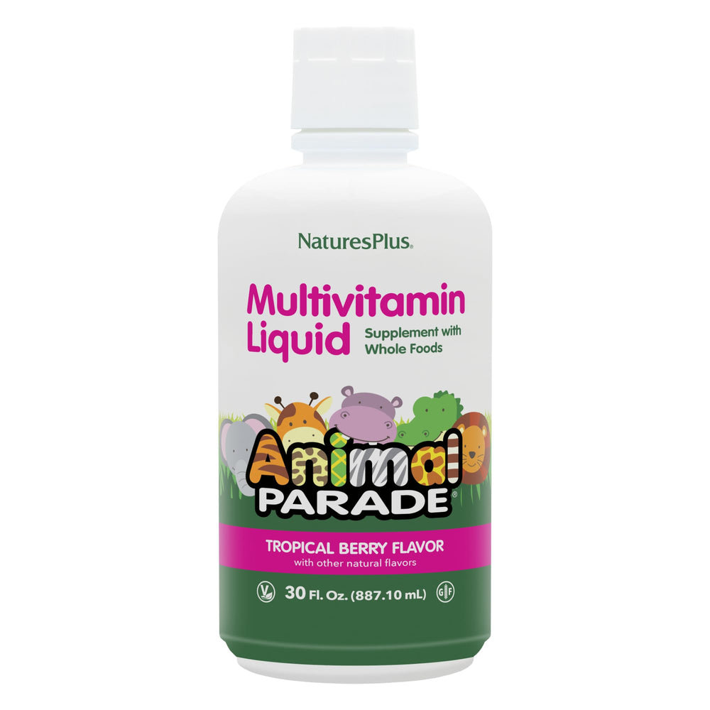 Front view of NaturesPlus Animal Parade Kids Liquid Multivitamin Tropical Berry bottle 30 oz