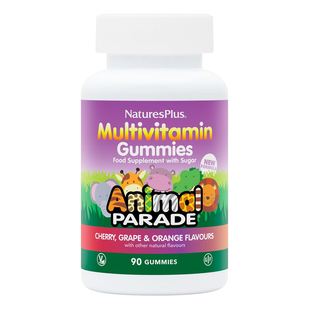 Product packaging showing NaturesPlus Animal Parade Multivitamin Gummies 90 count