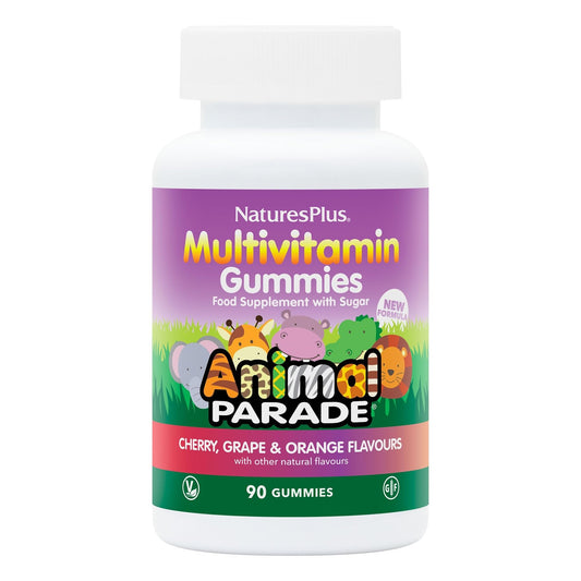 Product packaging showing NaturesPlus Animal Parade Multivitamin Gummies 90 count