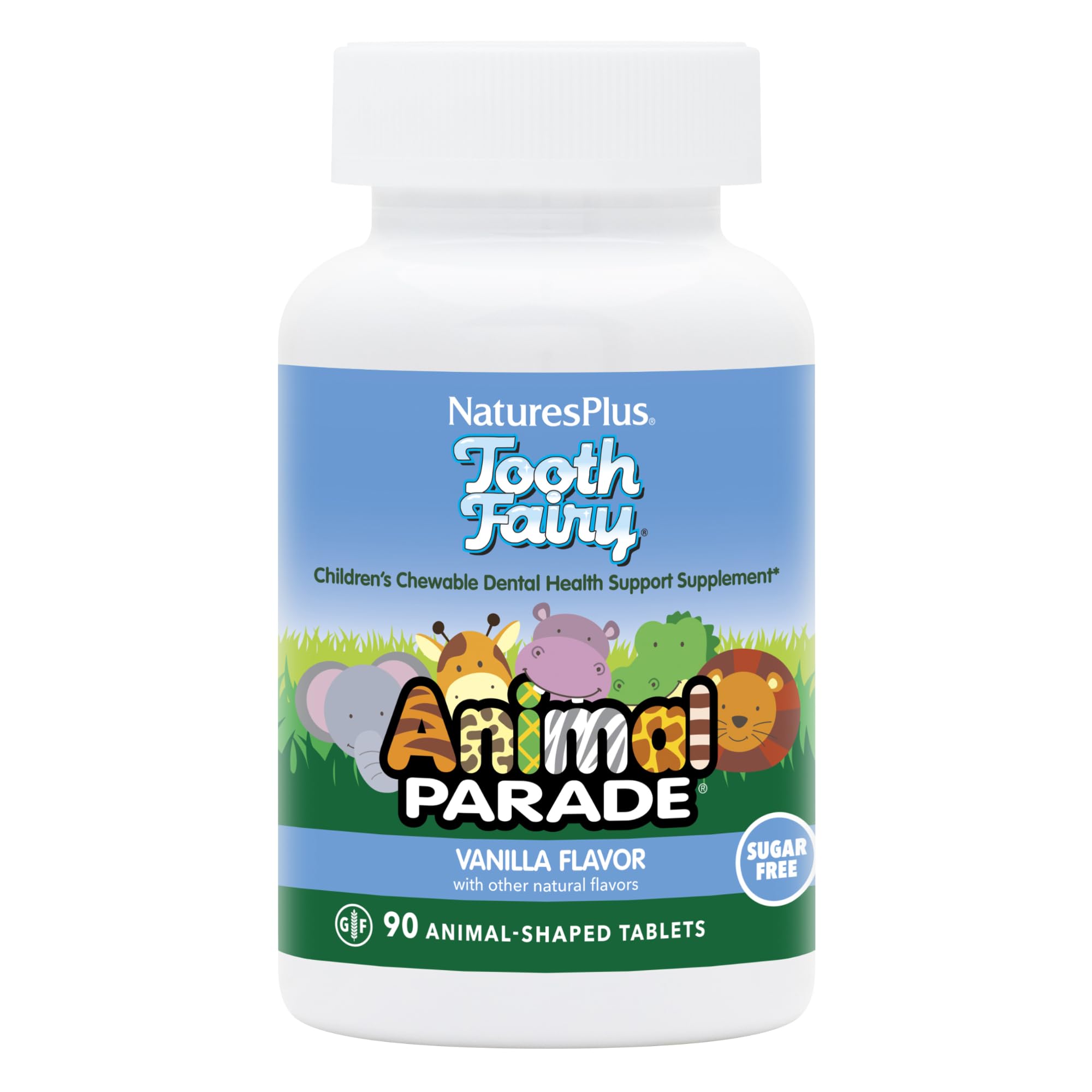 Front packaging of NaturesPlus Animal Parade Tooth Fairy vanilla flavor