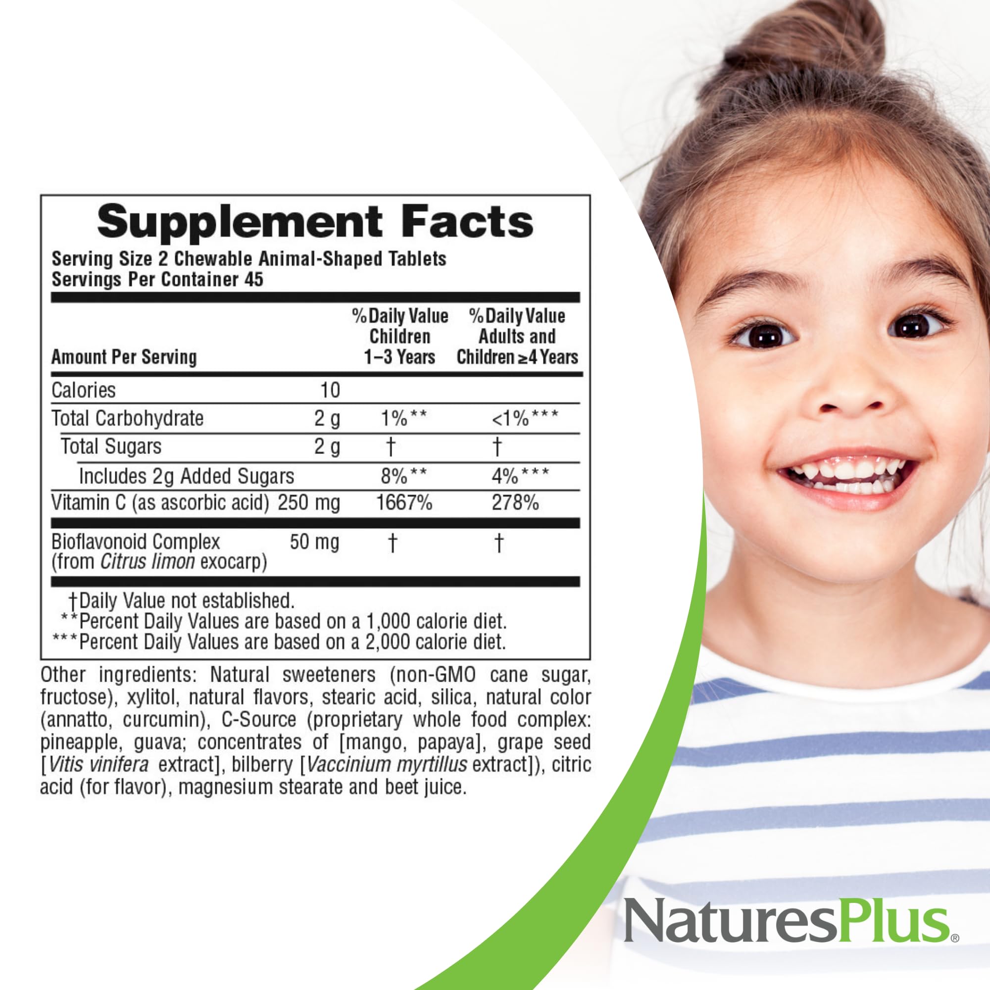 Nutrition facts panel for Nature's Plus Animal Parade Vitamin C kids chewables