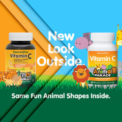 Two bottles of Nature's Plus Animal Parade Vitamin C kids chewables orange flavor