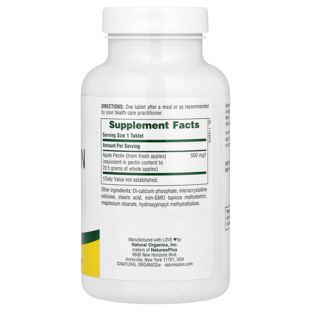 Label of NaturesPlus Apple Pectin 500 mg highlighting gluten-free and vegetarian