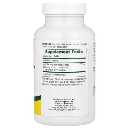 Label of NaturesPlus Apple Pectin 500 mg highlighting gluten-free and vegetarian