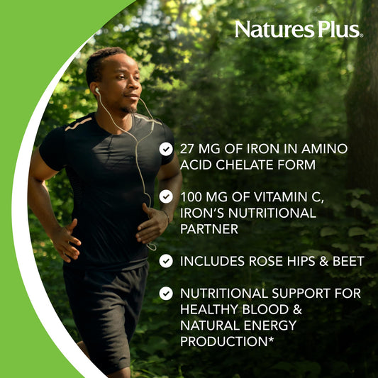 Packaging front of Nature's Plus Chewable Iron 27 mg 90 tablets