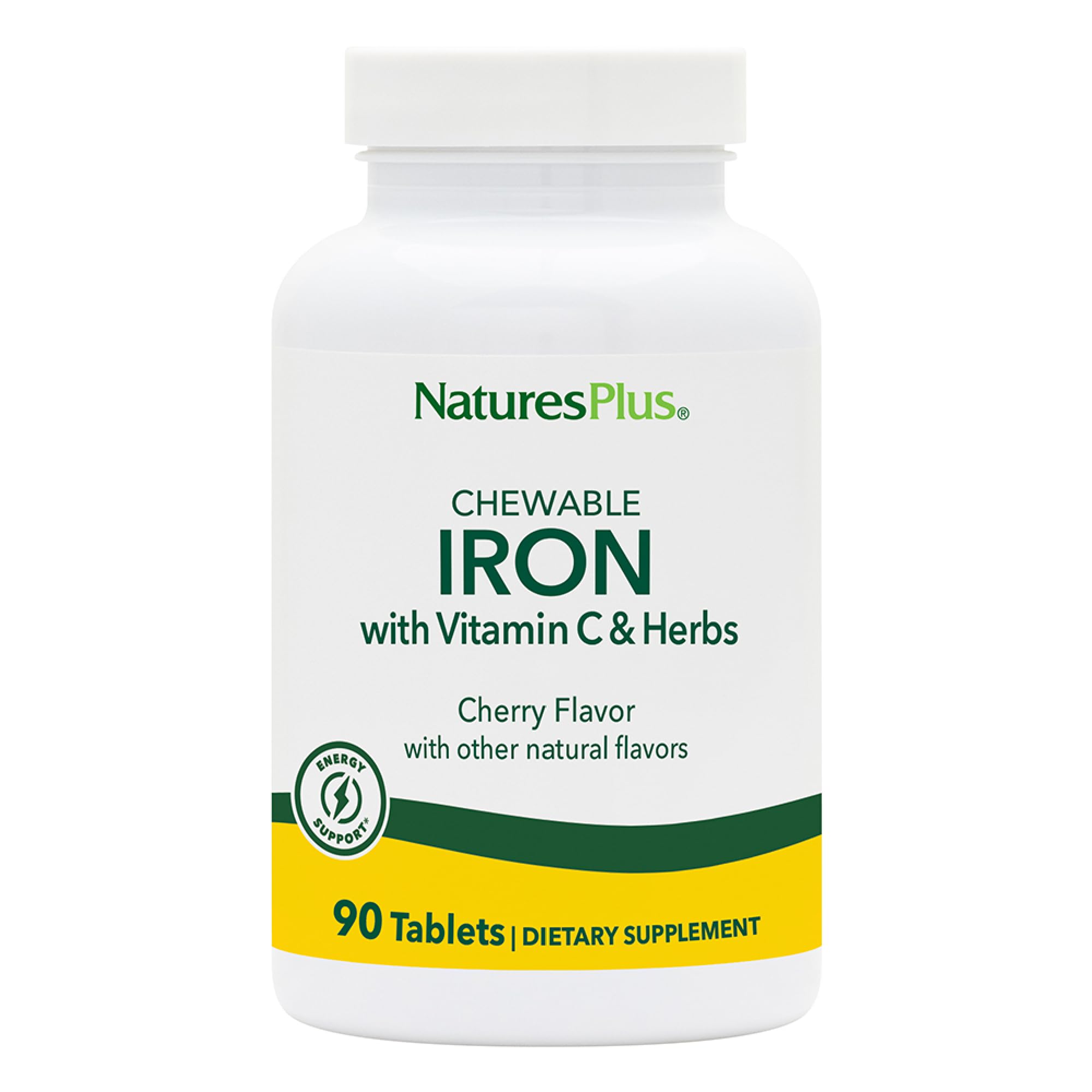 NaturesPlus Chewable Iron Cherry bottle label - 90 tablets per bottle