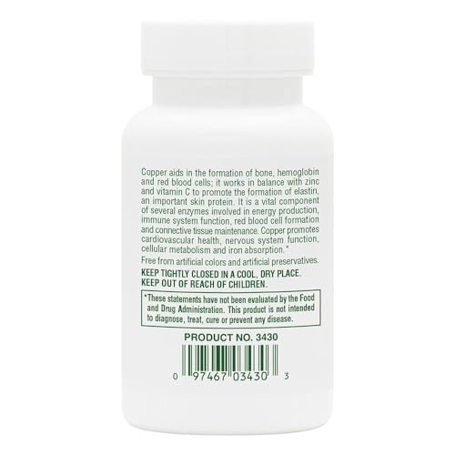 Back view showing supplement facts for NaturesPlus Copper 3 mg