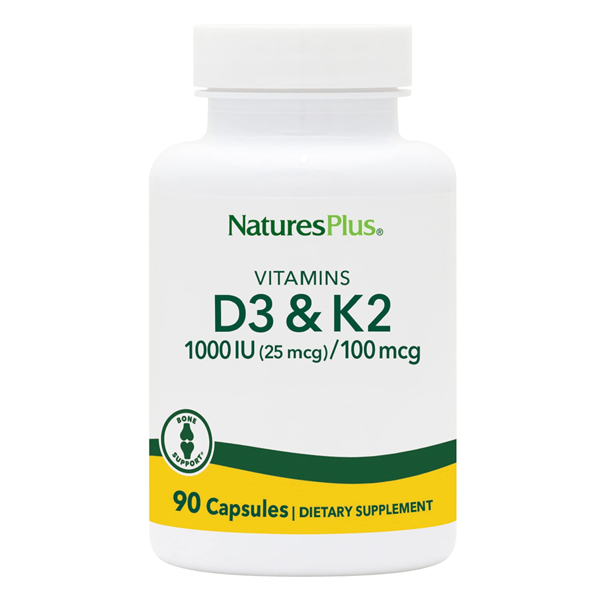 Front view of NaturesPlus D3 1000 IU & K2 100 mcg 90-capsule bottle