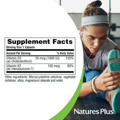 Nutrition facts for NaturesPlus D3 1000 IU & K2 100 mcg