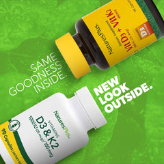 Packaging image showing NaturesPlus D3 and K2 bottle