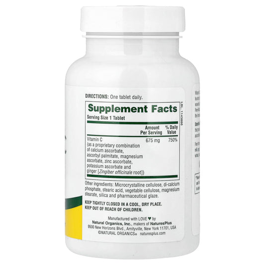 Close-up of NaturesPlus Esterified Vitamin C 675 mg bottle with 90 tablets