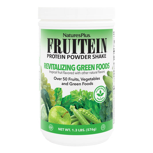 Front view of NaturesPlus FRUITEIN Revitalizing Green Foods Shake container