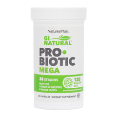 NaturesPlus GI Natural Probiotic Mega bottle showing 120B CFU across 35 strains for digestion