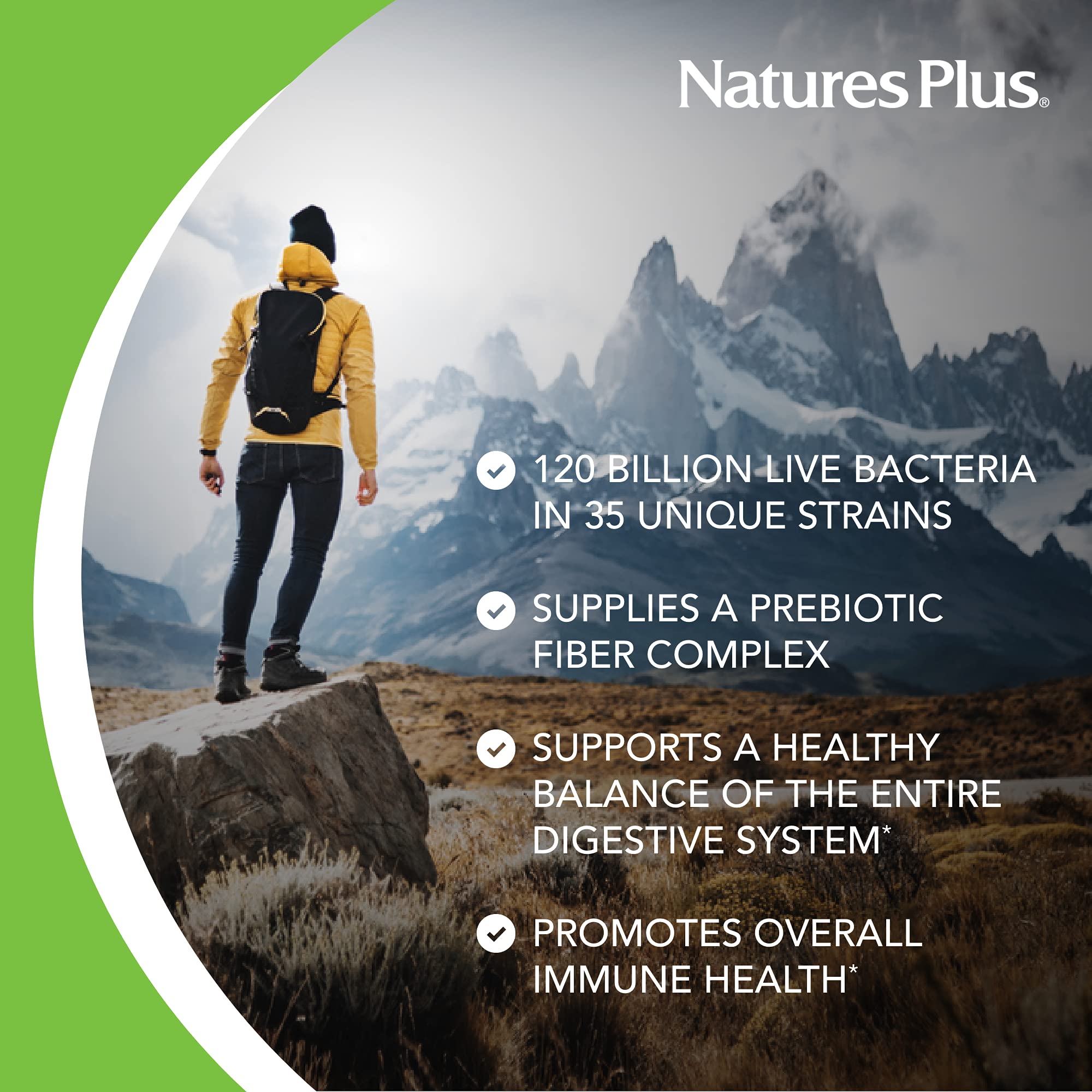 NaturesPlus GI Natural Probiotic Mega label showing allergen-free purity and cGMP manufacturing