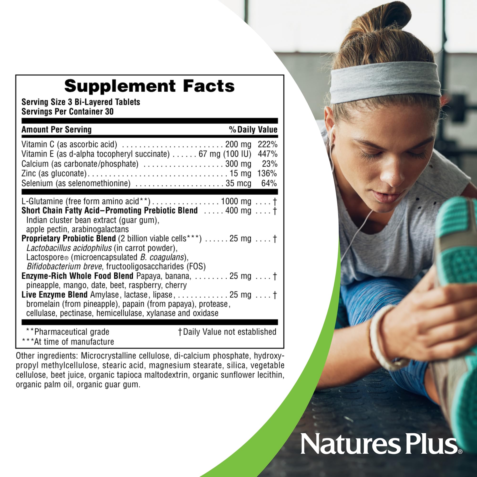 NaturesPlus GI Natural Total Digestive Wellness label closeup emphasizes the probiotic and enzyme blend