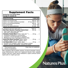 NaturesPlus GI Natural Total Digestive Wellness label closeup emphasizes the probiotic and enzyme blend