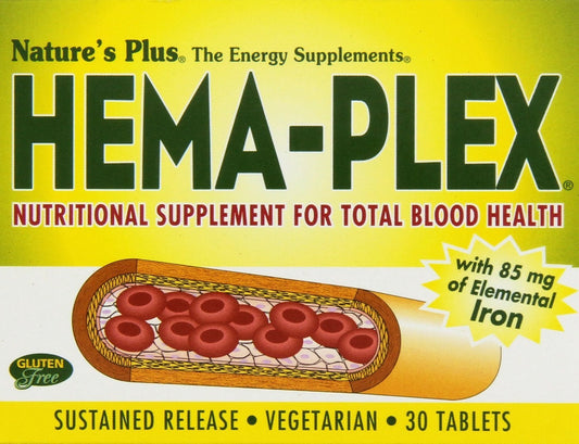 NaturesPlus Hema-Plex Iron 85 mg chelated iron, slow-release tablets, gluten-free, vegetarian, pack of 6 (180 servings).