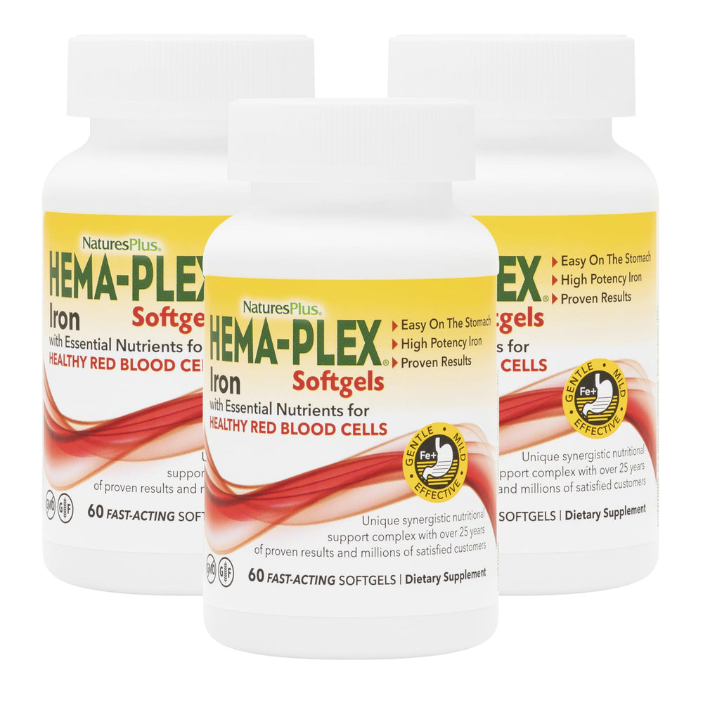 NaturesPlus Hema-Plex Iron bottle and 3-pack packaging