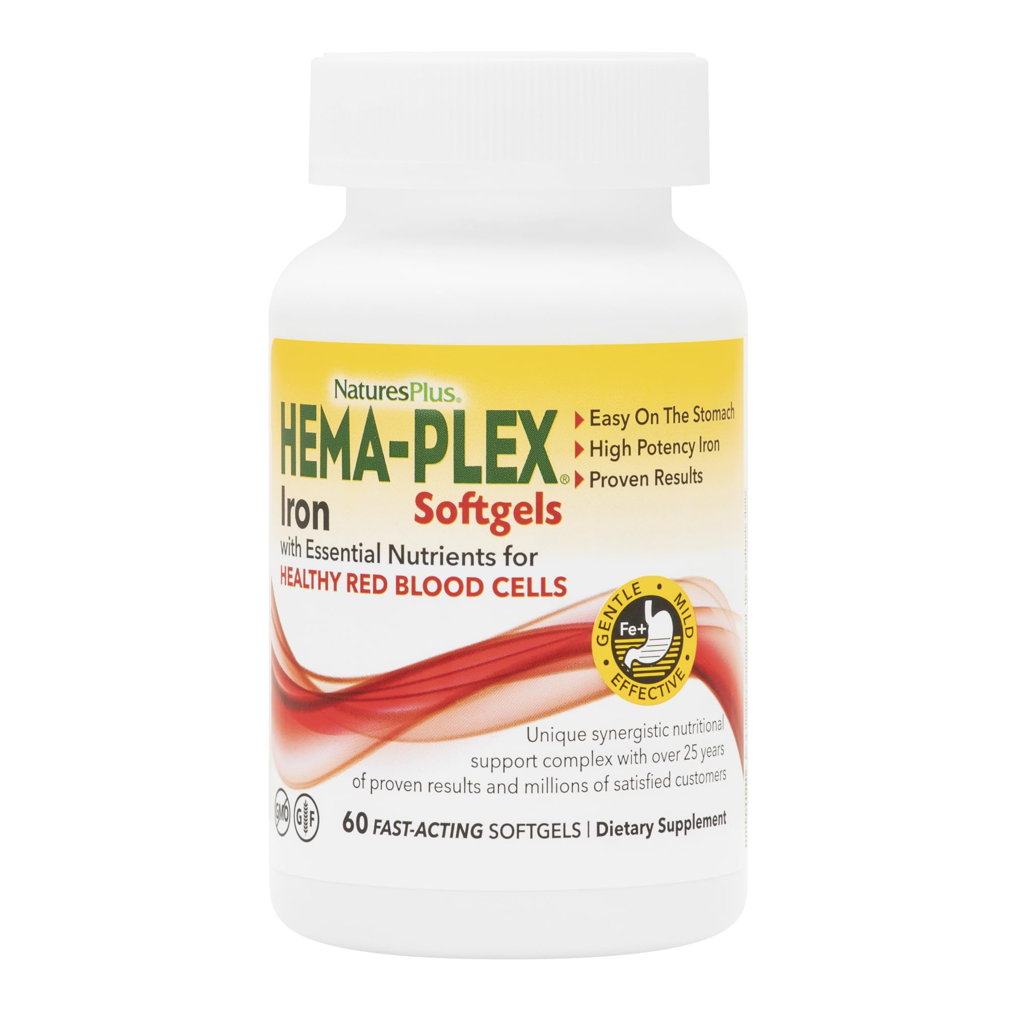 NaturesPlus Hema-Plex Iron bottle front view with 60 fast-acting softgels